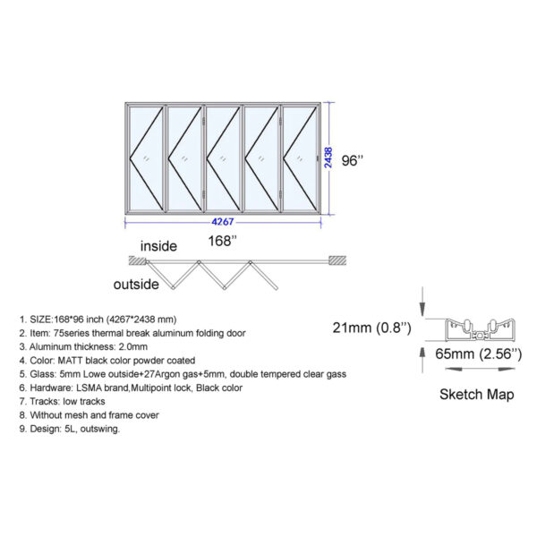 Aluminum Bifold Door 168″Wx96″H - Image 3