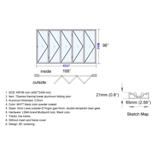 Aluminum Bifold Door 168″Wx96″H - Image 2