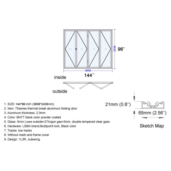 Aluminum Bifold Door 144″Wx96″H - Image 5