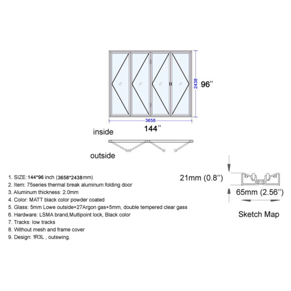 Aluminum Bifold Door 144″Wx96″H - Image 4