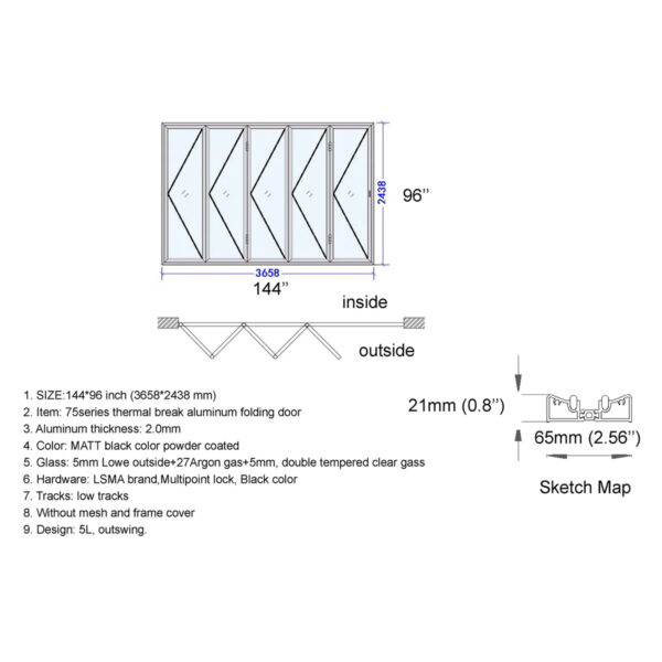 Aluminum Bifold Door 144″Wx96″H - Image 3