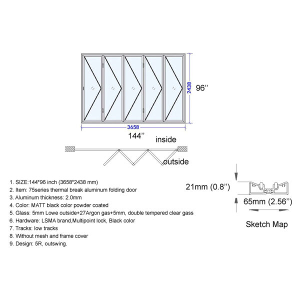 Aluminum Bifold Door 144″Wx96″H - Image 2